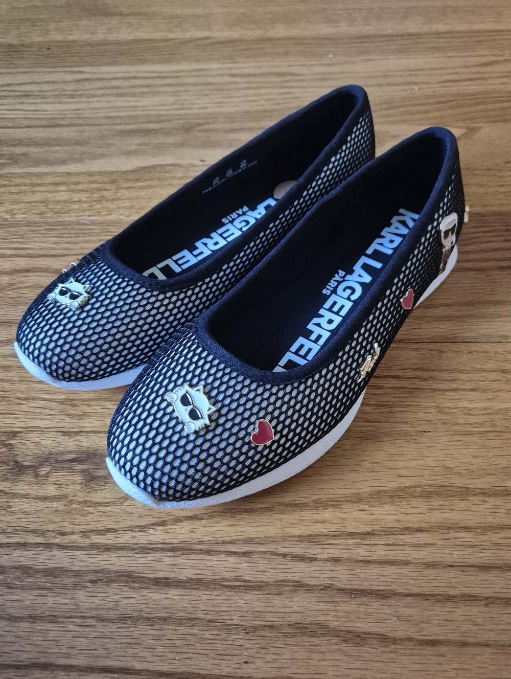 Karl Lagerfeld Paris Maleia Mesh Ballet Flats Black White Choupette Charms NWOB